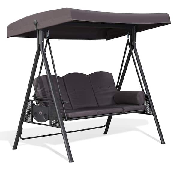 PURPLE LEAF 3-Person Grey Outdoor All-Weather Steel Frame Porch Swing with Adjustable Tilt Canopy, Cushions and Pillow Included
