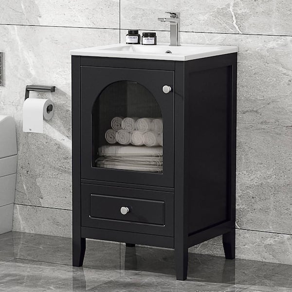 EPOWP 20 in. W x 18.3 in. D x 34 in. H Single Sink Freestanding Bath Vanity in Black with White Ceramic Top and Storage
