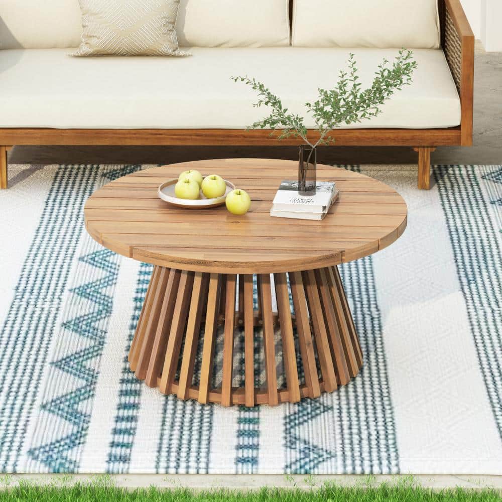 31.5 in. Round Acacia Wood Outdoor Coffee Table, Modern Patio Center Table with Slat Drum Base, Light Teak Finish price history on PriceWatchPro