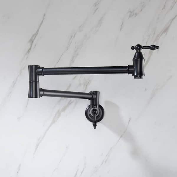 Wall Mounted Pot Filler Folding Kitchen Faucet Brass Countertop Articulating Commercial Double Handle Tap in Matte Black