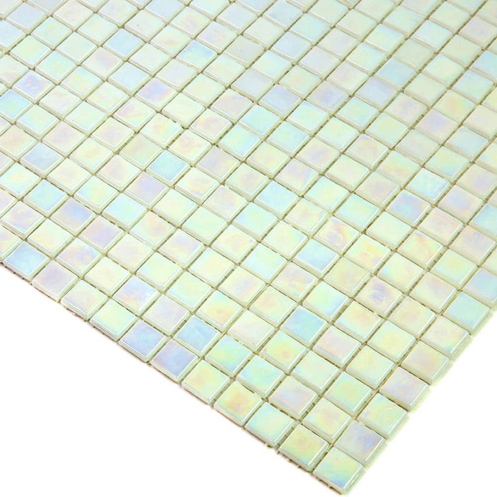 Glossy Iridescent Light Bone White Glass Mosaic Tile