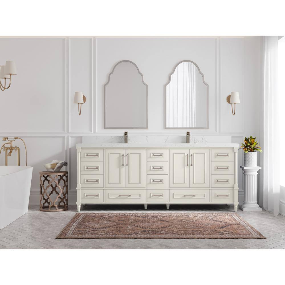 Aberdeen 84" Alabaster Double Sink Freestanding Bathroom Vanity with Quartz Top