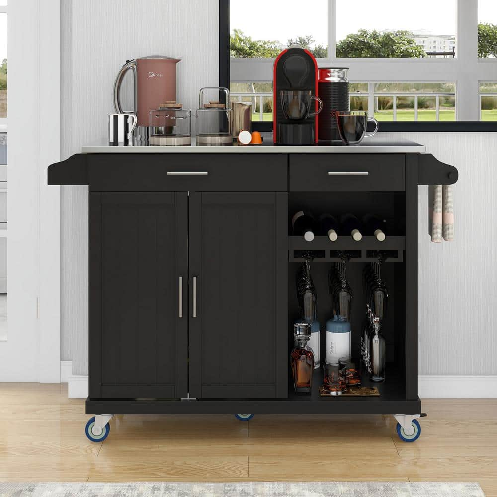 Harper Bright Designs 51 W Black Kitchen Cart Island With Stainless   Black Harper Bright Designs Kitchen Carts Cwj006aab 64 1000 