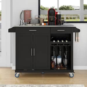 51''W Black Kitchen Cart Island with Stainless Steel Top and Locking Wheels