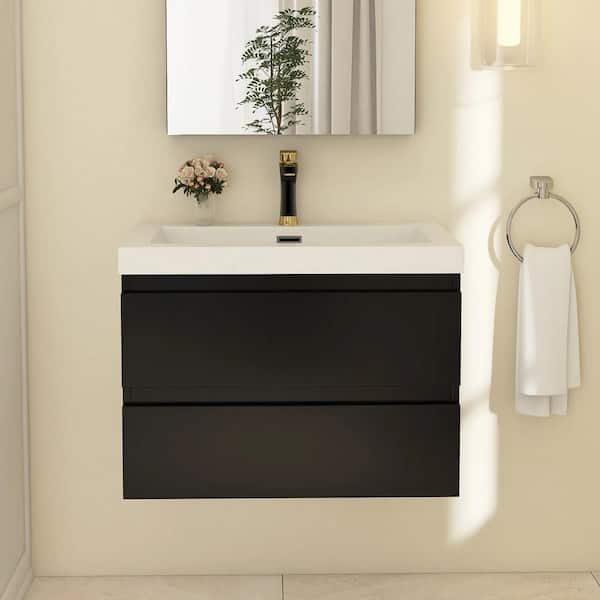 Boosicavelly 30 in. W x 19.69 in. D x 21 in. H Single Sink Wall-Mounted Bathroom Vanity Set in Black with White Resin Top