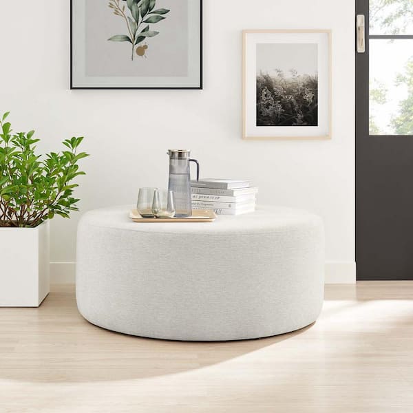 Callum Large 38 in. Round Woven Heathered Fabric Upholstered Ottoman in Heathered Weave Ivory