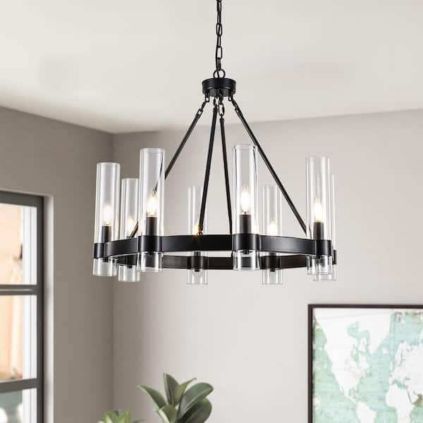 Farmhouse 8-Light Black Wagon Wheel Chandelier with Clear Glass Shade