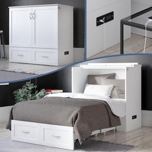 Alara White Solid Wood Frame Twin XL Murphy Bed Chest with Built-in Charging Station and Storage