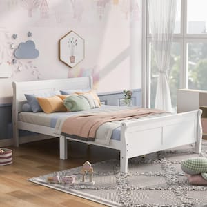White Wood Frame Queen Size Platform Bed with Headboard and Footboard