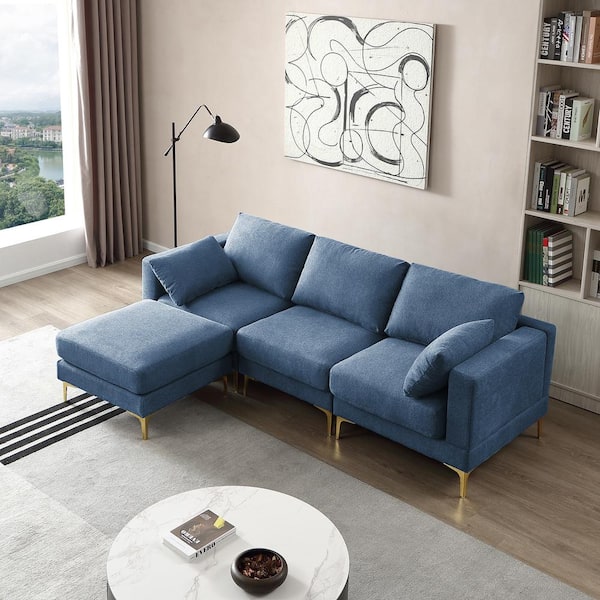 Harper & Bright Designs 92.9 in Wide Square Arm Polyester Modern L-shaped Sofa in. Blue with Ottoman and 2 Pillows