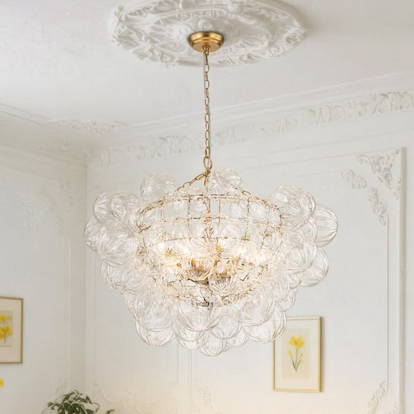 Neuvy 33 in.W 8-Light Brushed Gold Cluster Chandelier with Petal Ribbed Glass Shades for Staircase and Living Room