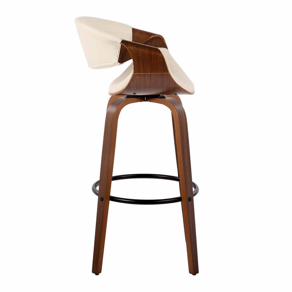 Walnut and Cream Swivel Bar Stools with Metal Footrest
