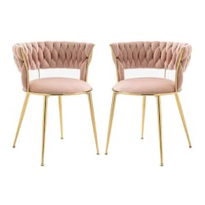 Modern Pink Velvet Dining Chairs Weaved Backrest Leisure Chair with Golden Metal Legs for Kitchen Living Room (Set of 2)