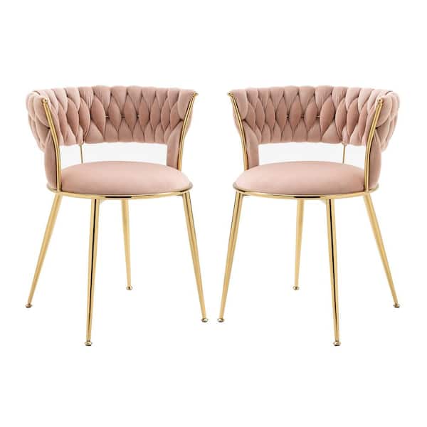 URTR Modern Pink Velvet Dining Chairs Weaved Backrest Leisure Chair with Golden Metal Legs for Kitchen Living Room (Set of 2)