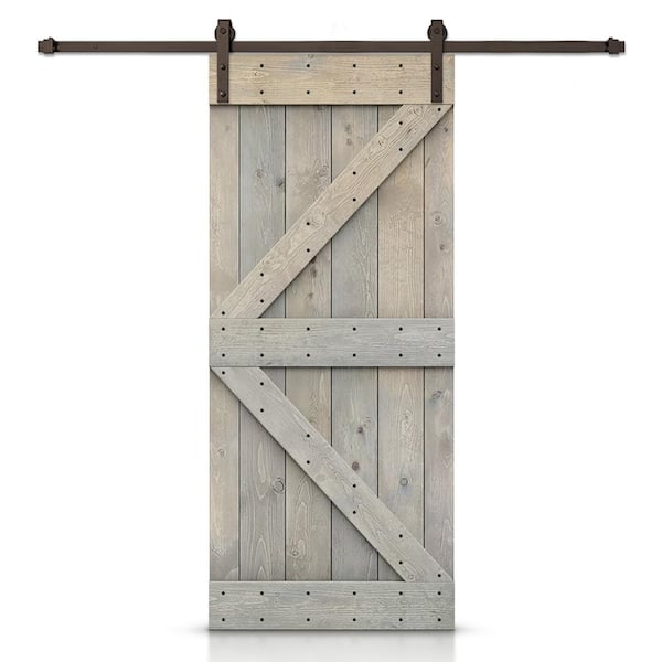 CALHOME K Series 48 in. x 84 in. Smoke Gray Stained DIY Knotty Pine Wood Interior Sliding Barn Door with Hardware Kit