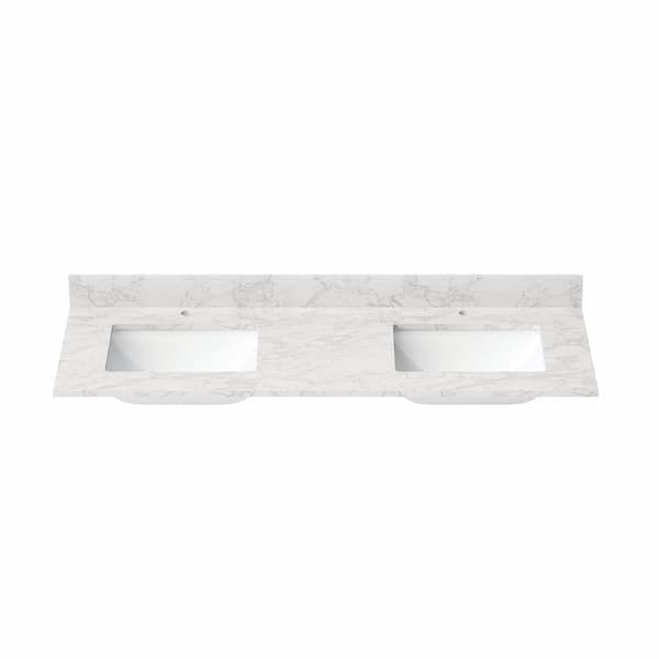 MEDUNJESS 60 in. W x 22 in. D Cultured Marble White Rectangular Double Sinks Bathroom Vanity Top in Carrara White
