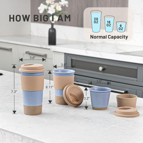 Numhew 20 oz. Blue Ceramic Travel To GoCoffee Mug Set with Silicone Lid and Non-Slip Sleeve, Microwave Safe (Set of 3)