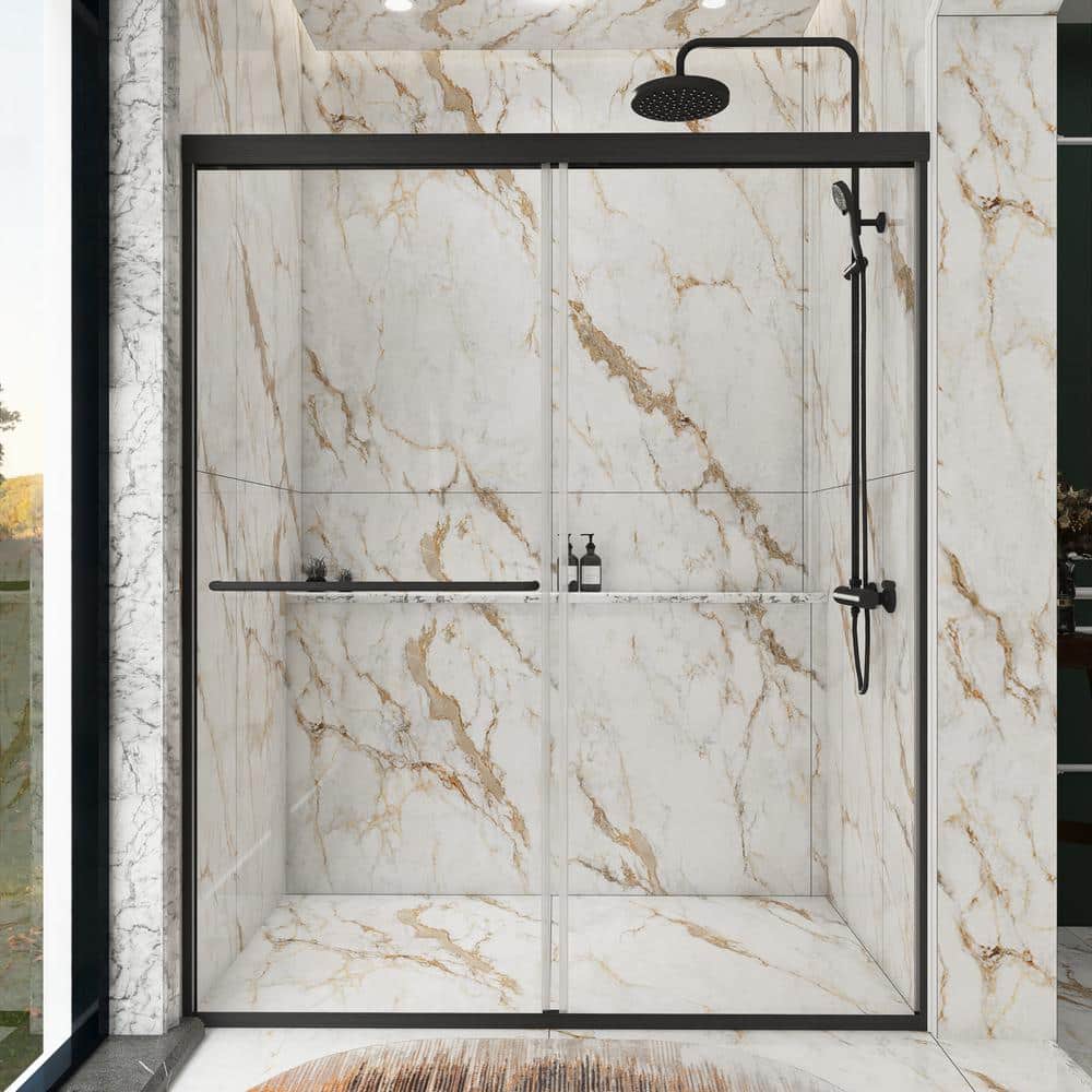 60 in. W x 72 in. H Sliding Semi-Frameless Shower Door in Matte Black Finis