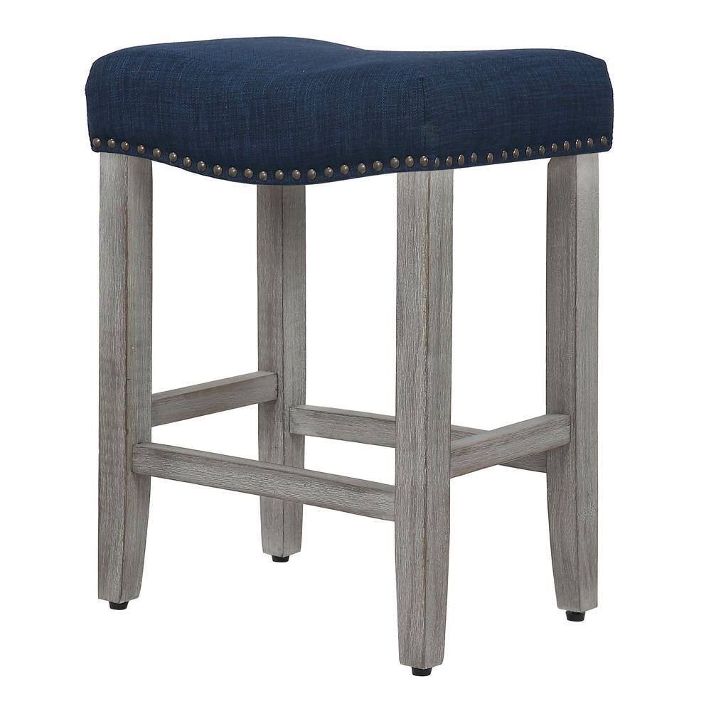 Navy Blue Upholstered Saddle Seat 24" Counter Stool with Nailhead Trim