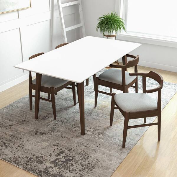 Ashcroft Furniture Co Aven 63 in. Mid Century Modern Style Solid Wood Walnut Brown Frame and White Top Rectangular Dining Table Seats 6 DT AD L WHT