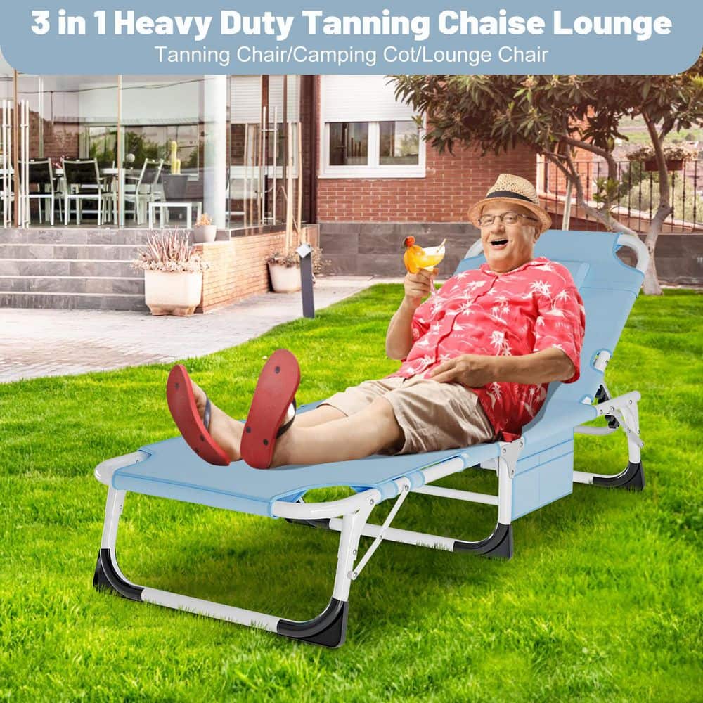 Man relaxing in a light blue folding outdoor chaise lounge chair.
