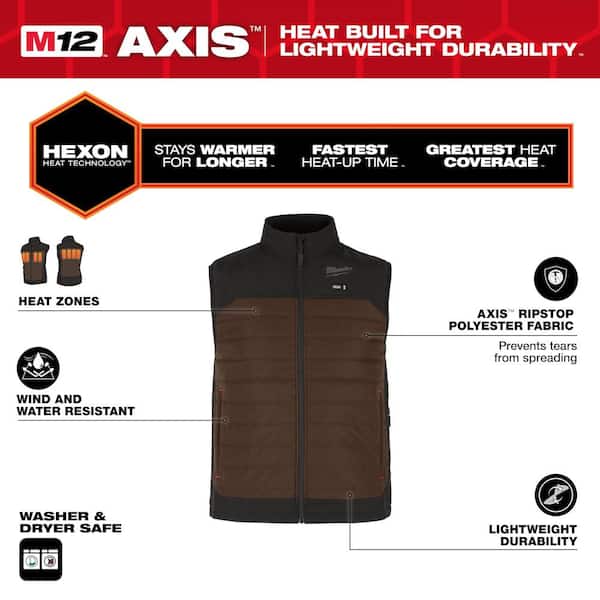 Men's Small M12 12V Lithium-Ion Cordless AXIS Brown Heated Vest Kit with (1) 2.0 Ah Battery and Charger