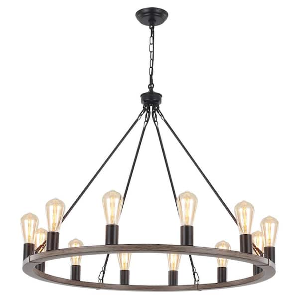 60-Watt 12-Light Black and Imitation Wood Grain Farmhouse Wagon Wheel Chandelier, No Bulb Included