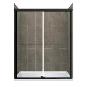 Cove Sliding 48 in. L x 34 in. W x 78 in. H Center Drain Alcove Shower Stall Kit in Quarry and Matte Black Hardware