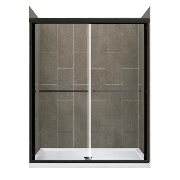 CRAFT + MAIN Cove Sliding 48 in. L x 34 in. W x 78 in. H Center Drain Alcove Shower Stall Kit in Quarry and Matte Black Hardware