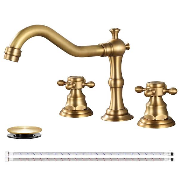 2 Handles 8 in. Widespread Bathroom Faucet 3-Hole Bathroom Sink Faucet With Pop-up Drain in Antique Brass