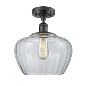 Fenton 11 in. 1-Light Matte Black Semi-Flush Mount with Clear Glass Shade