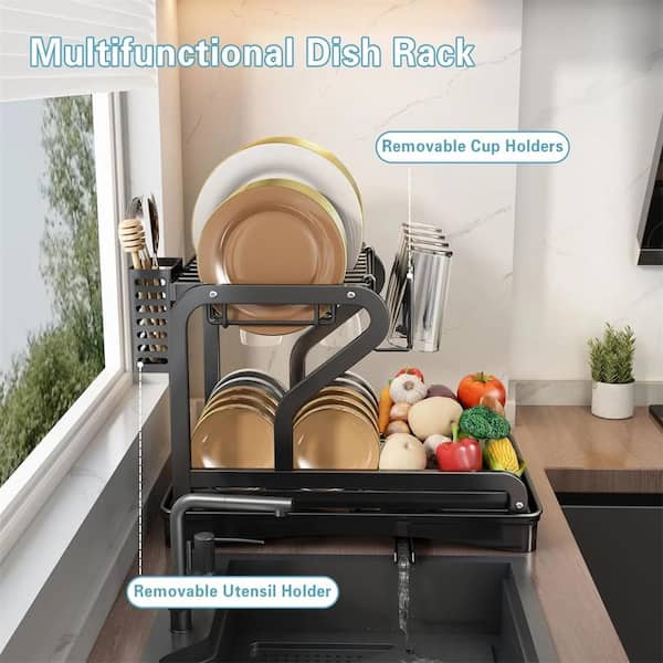 2 Tier Dish Drying Rack Multifunctional Dish Rack for Kitchen Counter,  Stainless Steel Large Capacity Dish Drainer with Drainboard, Utensil  Holder