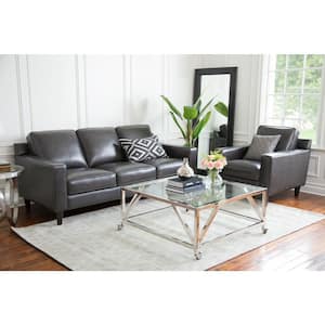 Miller 39 in. Straight Arm Top Grain Leather Rectangle Sofa in. Gray with Armchair
