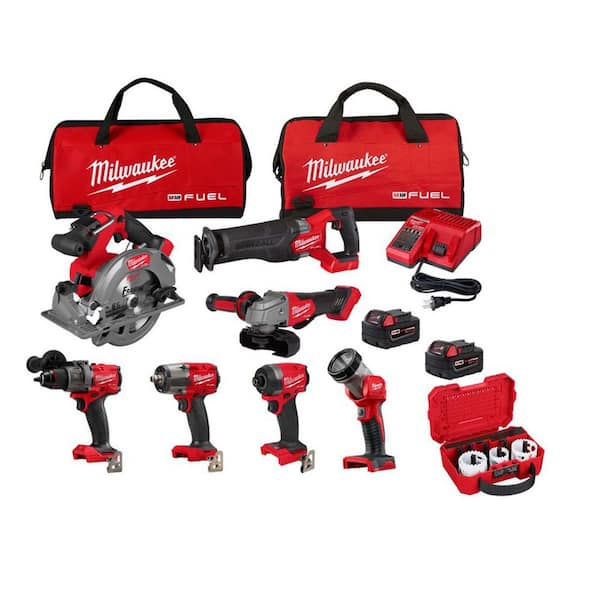 M18 FUEL 18V Brushless Cordless 7-Tool Combo Kit w/ (2) 5. 0Ah Batteries, Charger, 2 Bags with Hole Dozer 8-Pc Kit