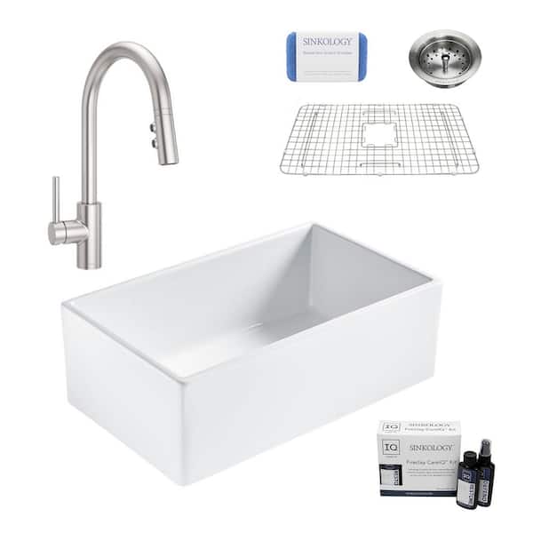 SINKOLOGY Bradstreet II 30 in. Farmhouse Single Bowl Crisp White Fireclay Kitchen Sink with Stellen Faucet (Stainless) Kit