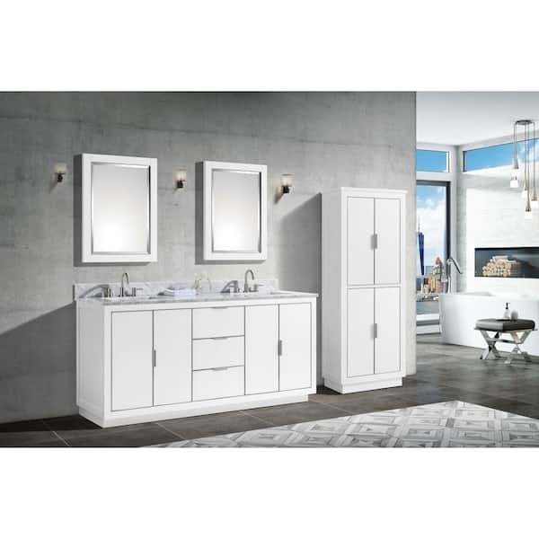 Austen 73 in. W x 22 in. D Bath Vanity in White/Silver Trim with Marble Vanity Top in Carrara White with White Basins