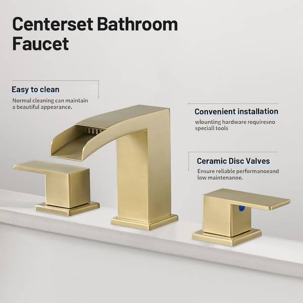 Waterfall Spout 304 stainless steel 8 in. Widespread Double Handle Bathroom Faucet with Drain Kit Included in Gold