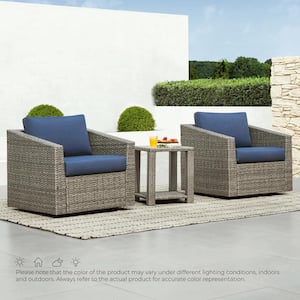 Cyril 3 Pieces Grey Fabric Wicker Swivel Chairs and Side Table Set with Blue Cushions for Outdoor & Indoor Use