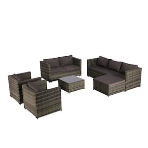 6-Piece Gray Wicker Patio Conversation Sectional Seating Set with Dark Gray Cushion