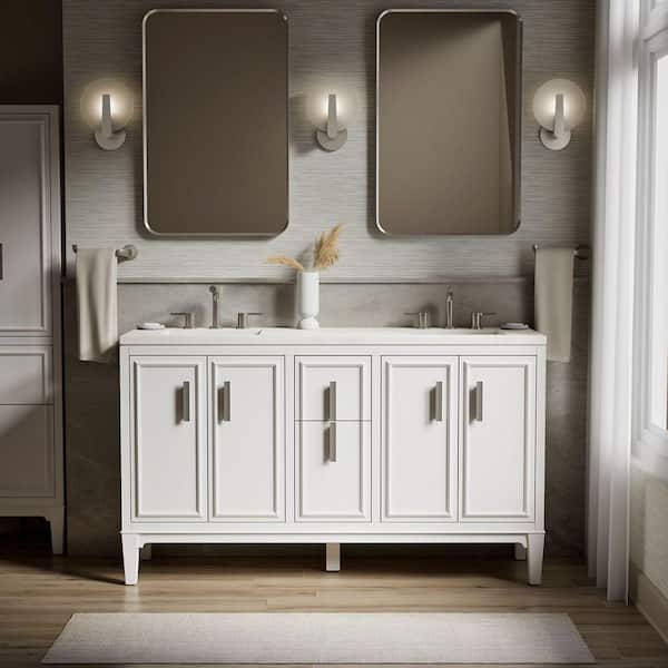 Southerk 61 in. Double Sink Freestanding White Bath Vanity with White Quartz Top Assembled