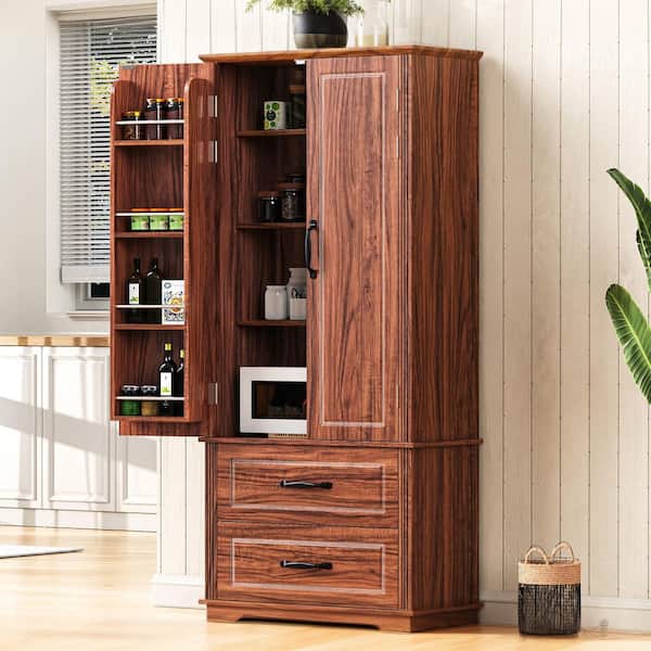 4-Shelf Brown Farmhouse Kitchen Pantry Organizer with 2-Large Drawers, 8-Door Shelves