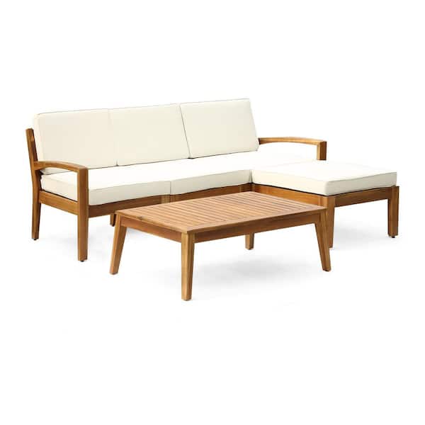 3-Piece Acacia Wood Outdoor Sectional Patio Sofa Set with Beige Cushions