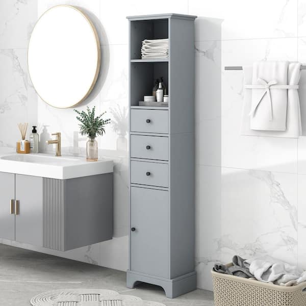 Bnuina 15 in. W x 10 in. D x 68.3 in. H Gray Freestanding Linen Cabinet with 3 Drawers and Adjustable Shelve in Gray