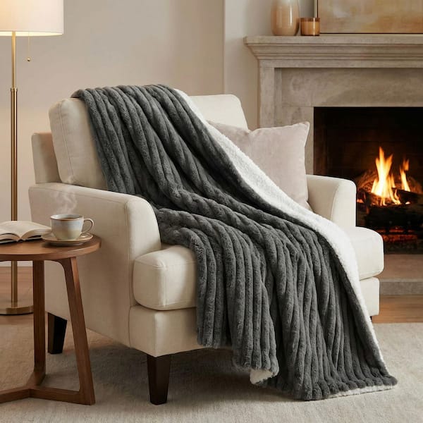 60 in. x 70 in. Gray Fabric Faux Fur Throw Blanket