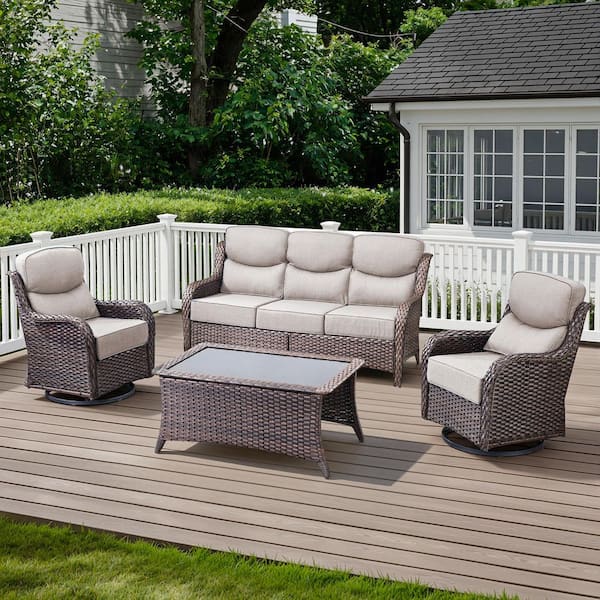 Opohoro Arcadia Brown 4-Piece Wicker Patio Conversation Set with