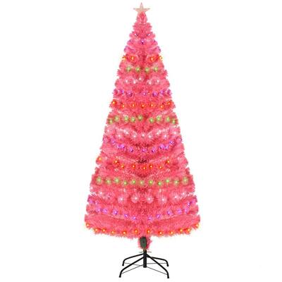 6 ft. Pink Pre-Lit Pine Artificial Christmas Tree with 130 User-Changeable Lights and Fiber Optic Strands