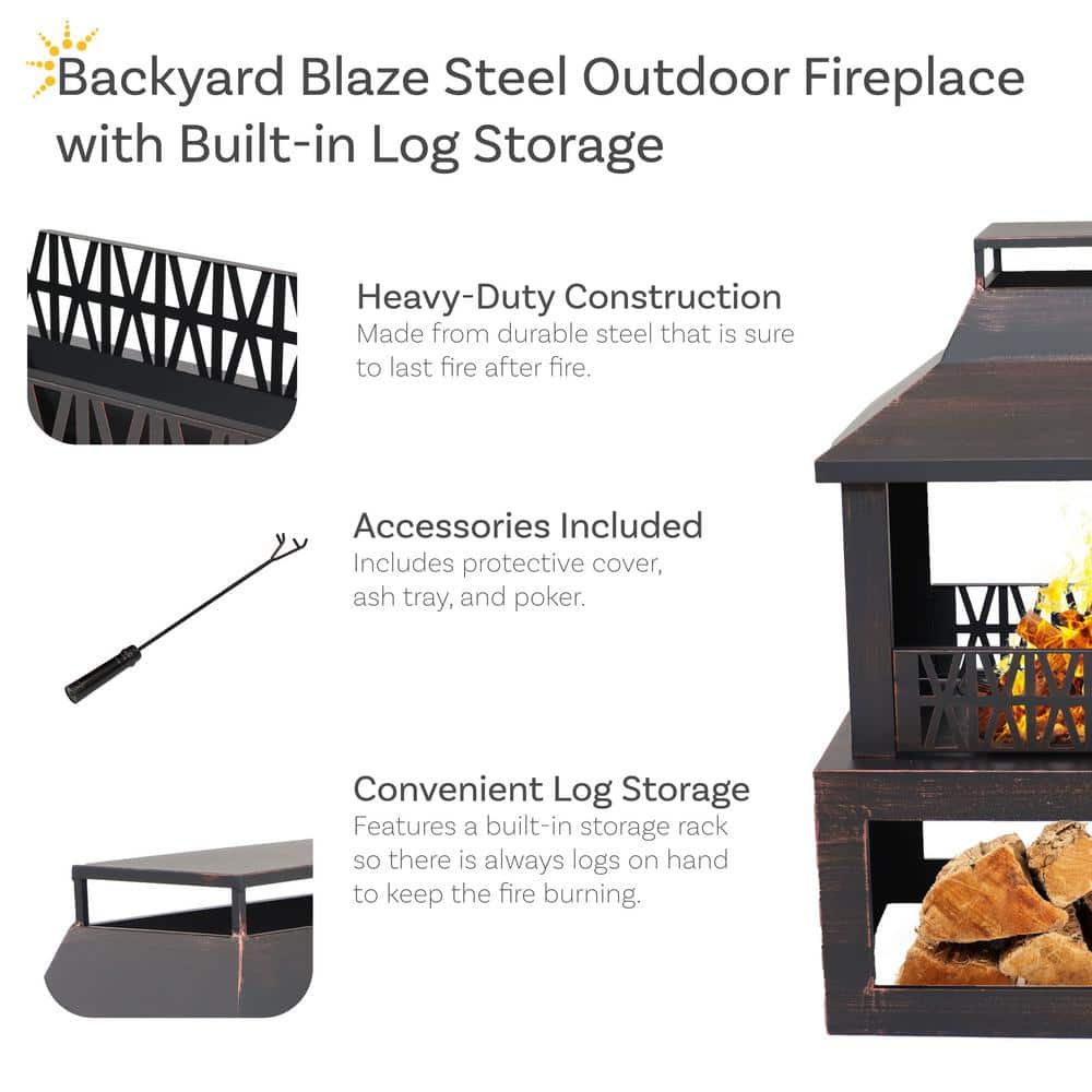 Bronze Steel Outdoor Fireplace with Log Storage and Pavilion Roof