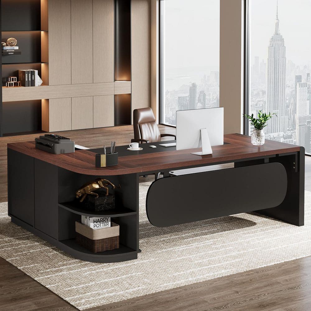 BYBLIGHT Lanita 80.7 in. L-Shaped Walnut and Black Wood 3-Drawer Executive Desk with Storage Shelves BB-JW0991-LJM