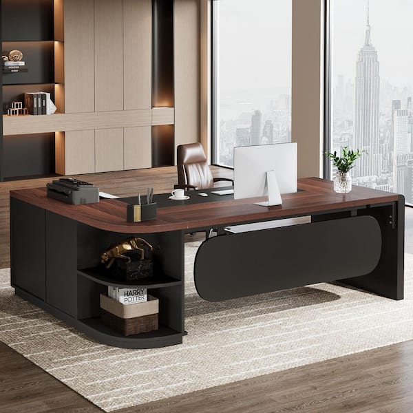 BYBLIGHT Lanita 80.7 in. L-Shaped Walnut and Black Wood 3-Drawer Executive Desk with Storage Shelves