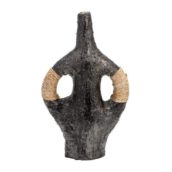 Liv & Skye 14 in. Black Ceramic Amphora Decorative Vase with Woven Synthetic Wicker